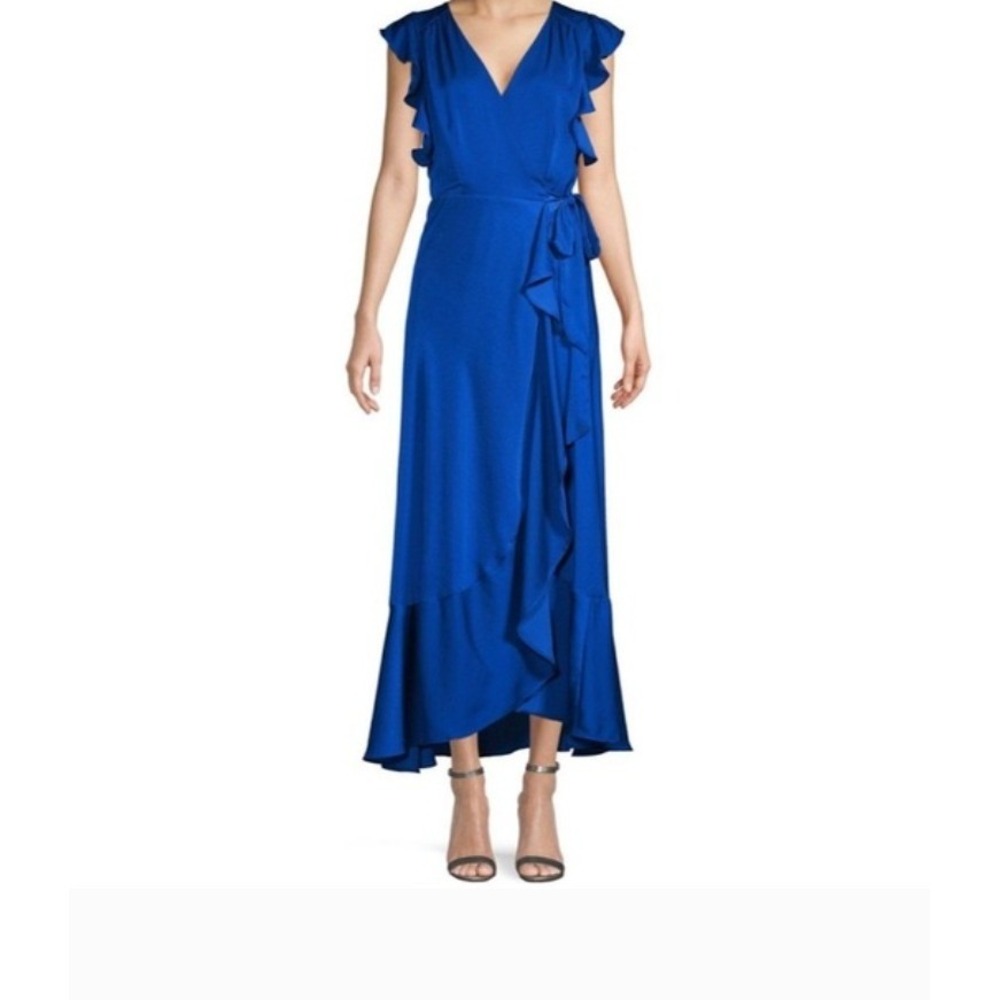 Ava‎ & Aiden Wrap Dress Royal Blue Ruffle Satin Size Medium